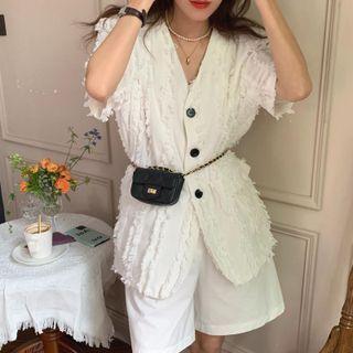 Short-sleeve Textured Button-up Jacket White - One Size