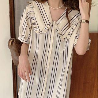 Short-sleeve Striped Button-up Mini Dress