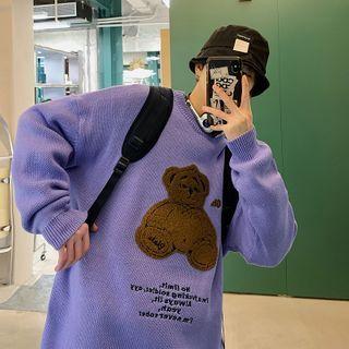 Bear Applique Round-neck Sweater
