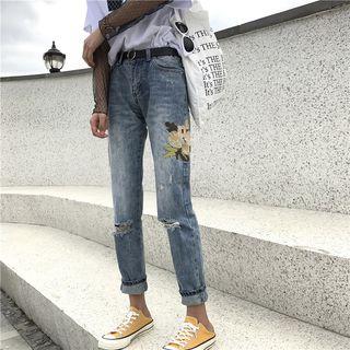 Floral Embroidered Ripped Straight-cut Jeans