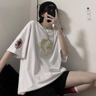 Fish Embroidered Short-sleeve Round Neck T-shirt