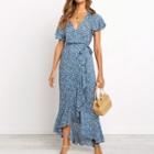 Short-sleeve Floral Print Wrap Midi A-line Dress