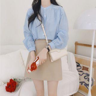 Long Sleeve Stand Collar Gingham Blouse