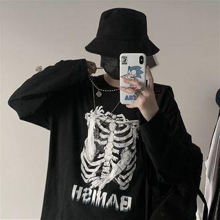 Skeleton Printing Long-sleeve Round Neck T-shirt