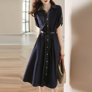 Set: Short-sleeve Midi Shirt Dress + Faux Leather Belt