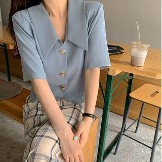 Elbow Sleeve V-neck Button-up Blazer Blue - One Size