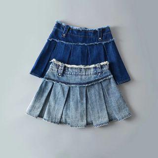 Distressed Denim Pleated Mini Skort