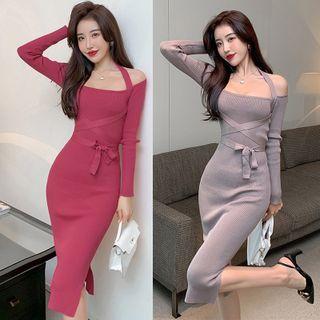 Long-sleeve Strappy Knit Sheath Dress