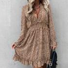 Leopard Long-sleeve V-neck A-line Dress