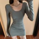 Plain U-neck Long-sleeve Skinny Mini Dress