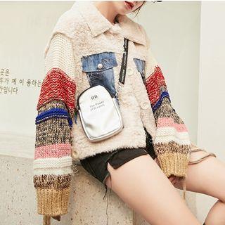 Denim Panel Color Block Faux Shearling Jacket