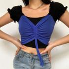 Mock Two-piece Drawstring Short-sleeve Cropped Top