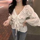 V-neck Drawstring Shirred Chiffon Blouse
