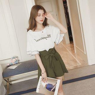 Set: Letter Frilled Short-sleeve Top + Shorts