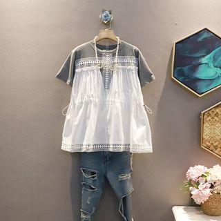 Short-sleeve Lace Panel Elastic-waist T-shirt