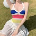 Halter Striped Knit Camisole Top Stripes - Red & Blue & Yellow - One Size