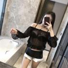 Set: Color Block Bikini + Off-shoulder Cover-up Top
