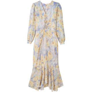 Short-sleeve Flower Print Midi A-line Dress / Long-sleeve Flower Print Midi A-line Dress