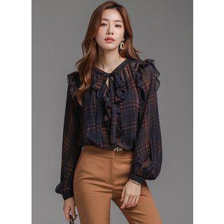Bishop-sleeve Frill-trim Plaid Chiffon Blouse