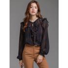 Bishop-sleeve Frill-trim Plaid Chiffon Blouse