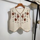 Flower Embroidered Button-up Crochet Knit Vest