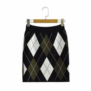 Argyle Knit Mini Pencil Skirt Black - One Size