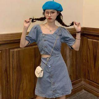 Puff-sleeve Cutout Washed A-line Denim Dress