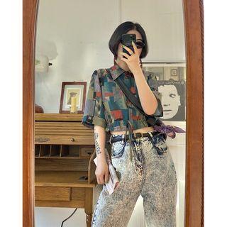 Printed Short-sleeve Drawstring-hem Cropped Shirt