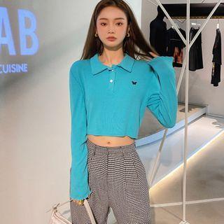 Long-sleeve Butterfly Embroidered Cropped Polo Shirt