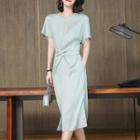 Short-sleeve Knot-front Midi Shift Dress