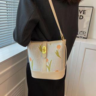 Flower Print Faux Leather Bucket Bag