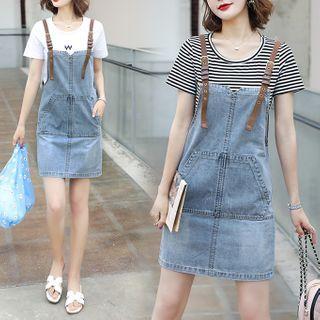 Set: Short-sleeve T-shirt + Mini Denim Pinafore Dress