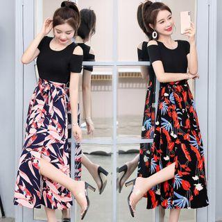 Cold-shoulder Print Panel Midi A-line Dress