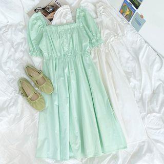Short-sleeve Ruffle-trim Plain Square-neck Midi Dress