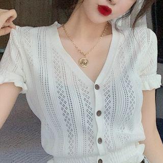 Pointelle Short-sleeve Knit Top Off-white - One Size