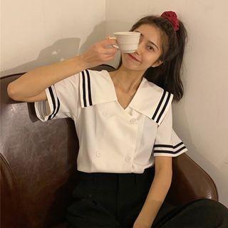 Contrast Trim Short-sleeve Blouse / Mini A-line Dress