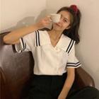 Contrast Trim Short-sleeve Blouse / Mini A-line Dress