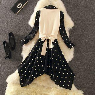 Long-sleeve Dotted Asymmetrical Shirt Dress / Knit Vest / Set