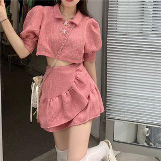 Set: Puff-sleeve Cropped Blouse + Ruffle Mini A-line Skirt