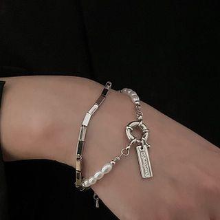 Block Alloy Bracelet / Faux Pearl Bracelet