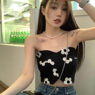 Strapless Floral Crop Top Black - One Size