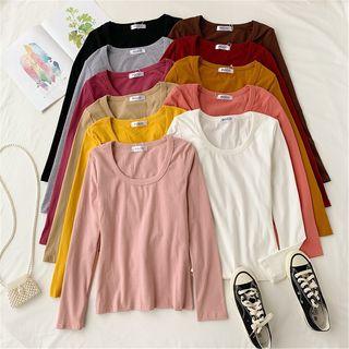 Plain U-neck Long-sleeve T-shirt