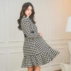 Ruffle-hem Houndstooth Knit Coatdress
