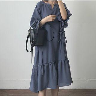 Ruffle Trim 3/4-sleeve Midi A-line Dress