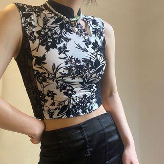 Sleeveless Floral Mesh Qipao Top