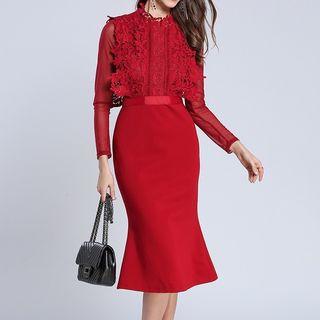 Long-sleeve Crochet Lace Panel Midi Sheath Dress
