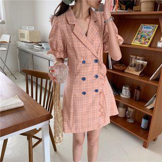 Elbow-sleeve Double Breasted Plaid Midi Dress