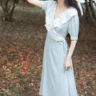 Lace Panel Short-sleeve Floral Midi A-line Dress