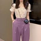 Square-neck Lace Blouse / High-waist Wide-leg Pants