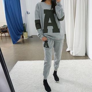 Set: Lettering-appliqu  Sweatshirt + Drawstring-waist Sweatpants